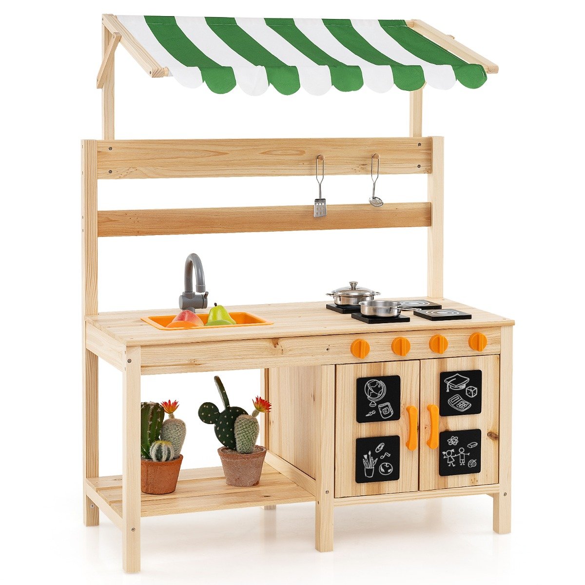 Outdoor Wooden Pretend Play Kitchen with Canopy and 4 Stoves-Natural