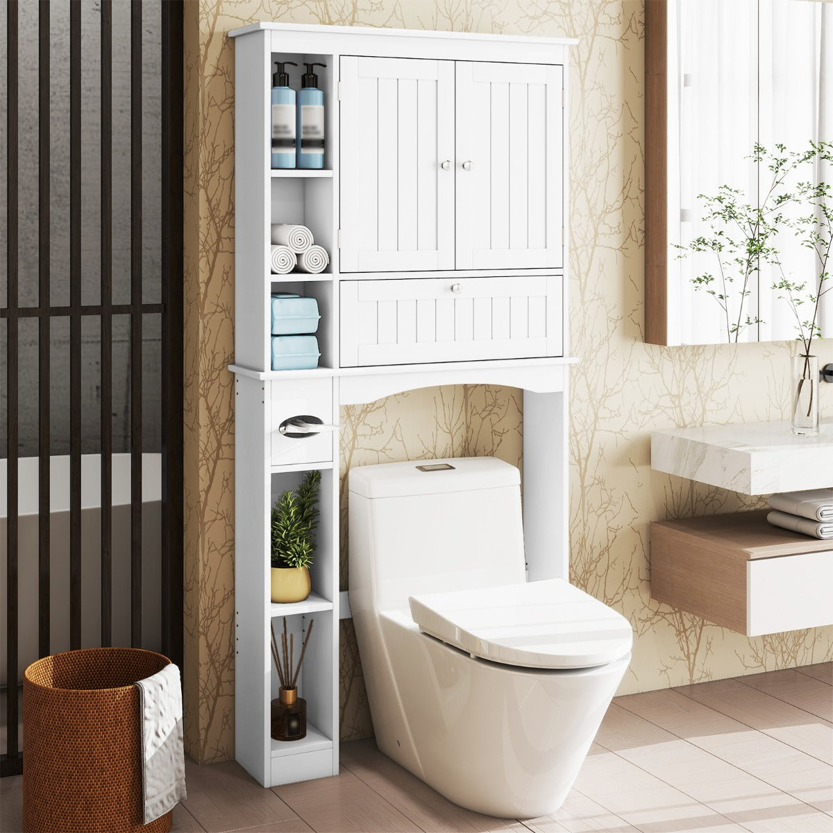 Over the Toilet Storage Cabinet with Adjustable Shelf and Bottom Bar-White