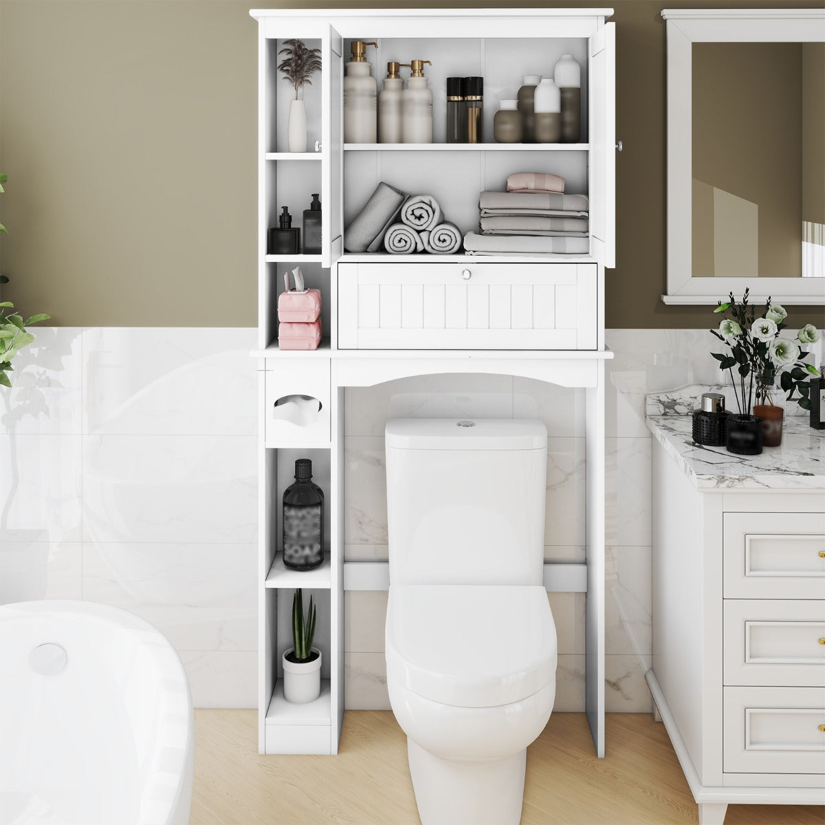 Over the Toilet Storage Cabinet with Adjustable Shelf and Bottom Bar-White