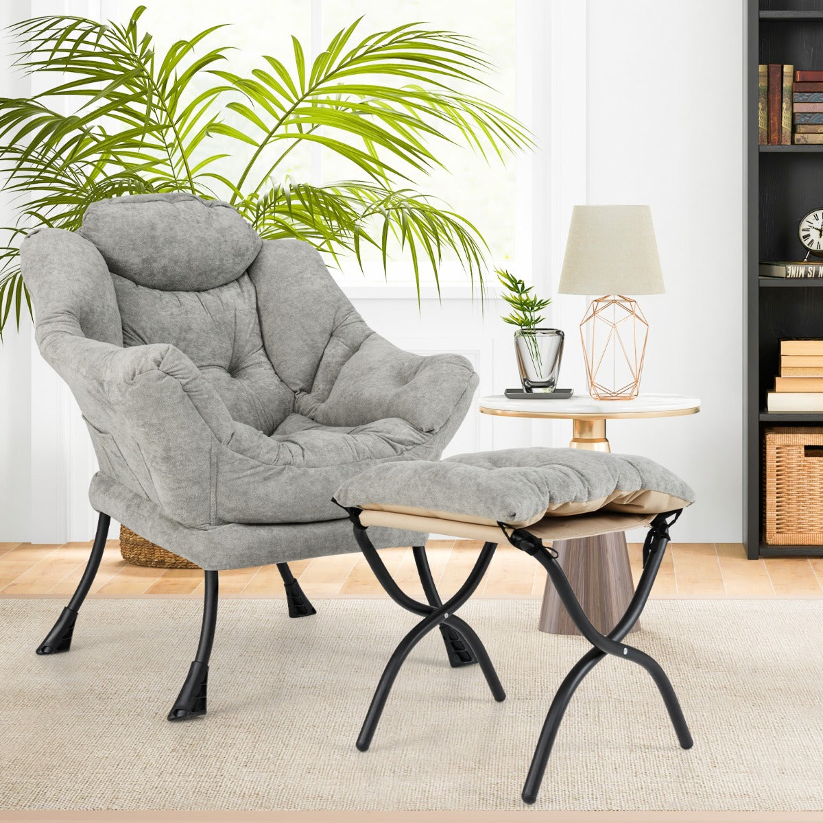 Oversized Sherpa Lounge Accent Chair with Folding Footrest and Side Pocket-Grey