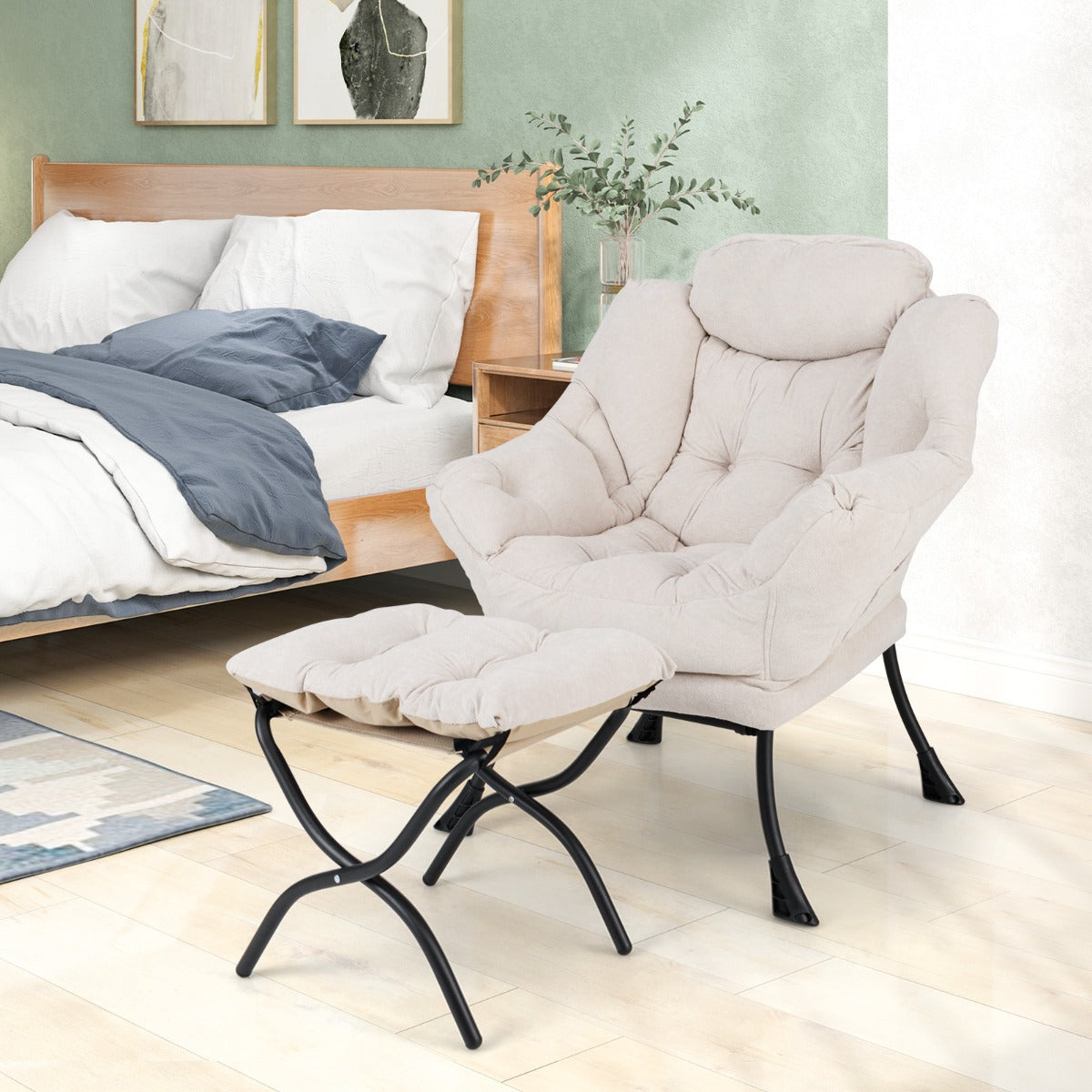 Oversized Sherpa Lounge Accent Chair with Folding Footrest and Side Pocket-Beige