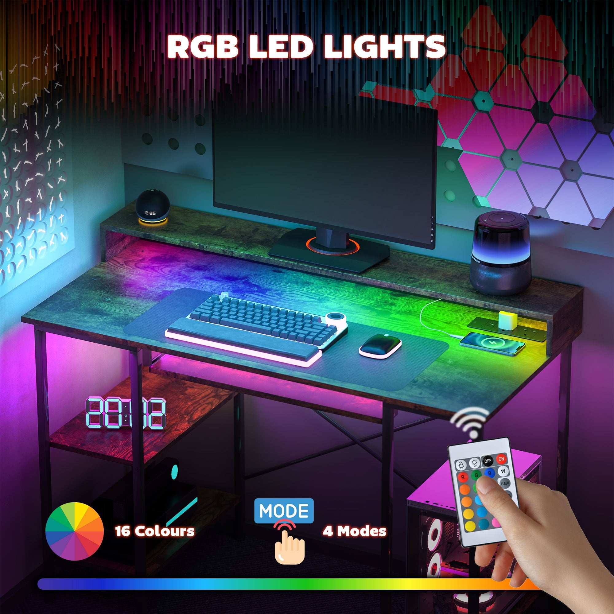 HOMCOM Computer Desk with LED Lights and Power Outlets, 120 x 55 cm Gaming Desk with Monitor Stand, Sliding Keyboard Tray and Storage Shelves for Home Office, Rustic Brown