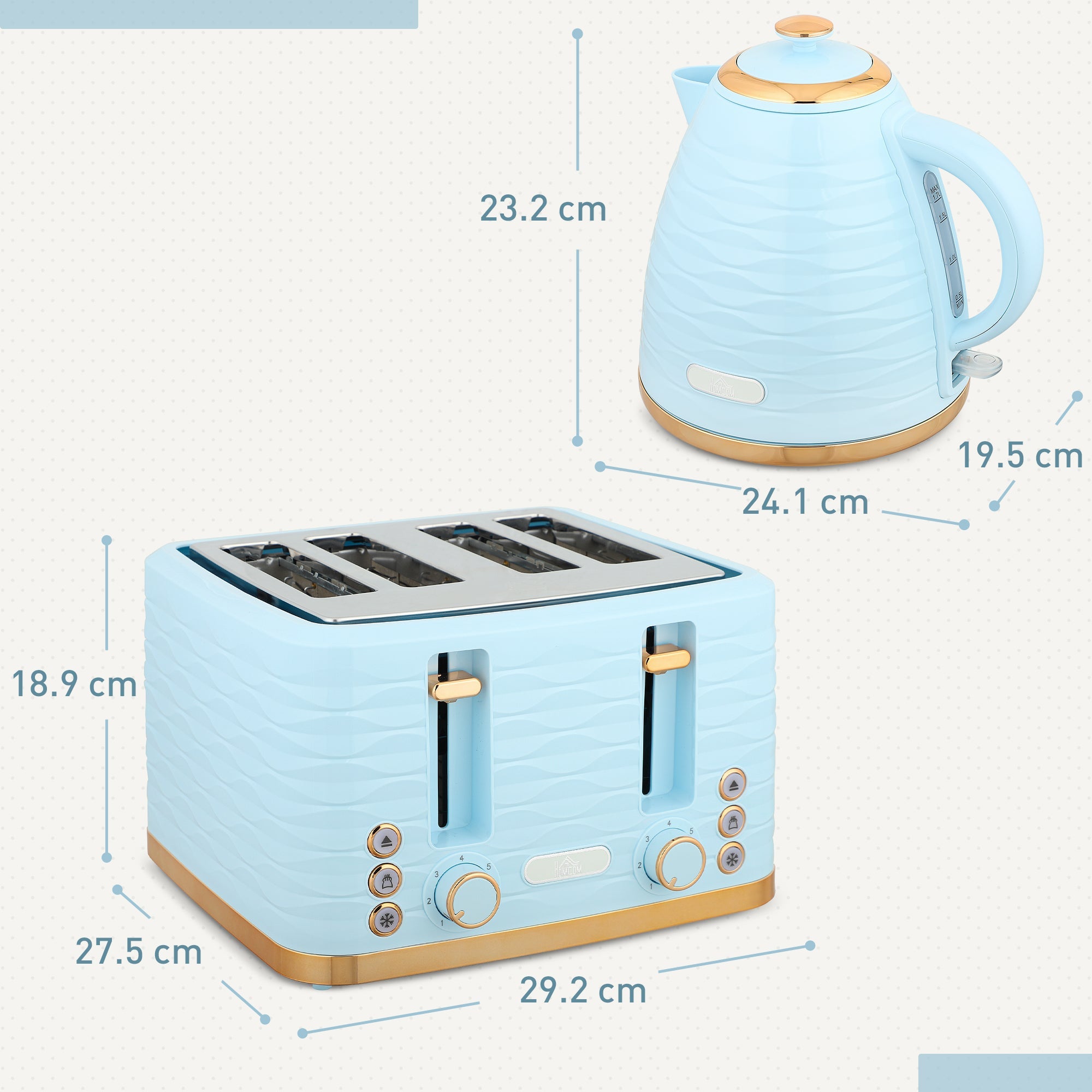 HOMCOM 3000W 1.7L Kettle & 4 Slice Toaster, Kettle and Toaster Set with 7 Browning Controls and Crumb Tray, Light Blue