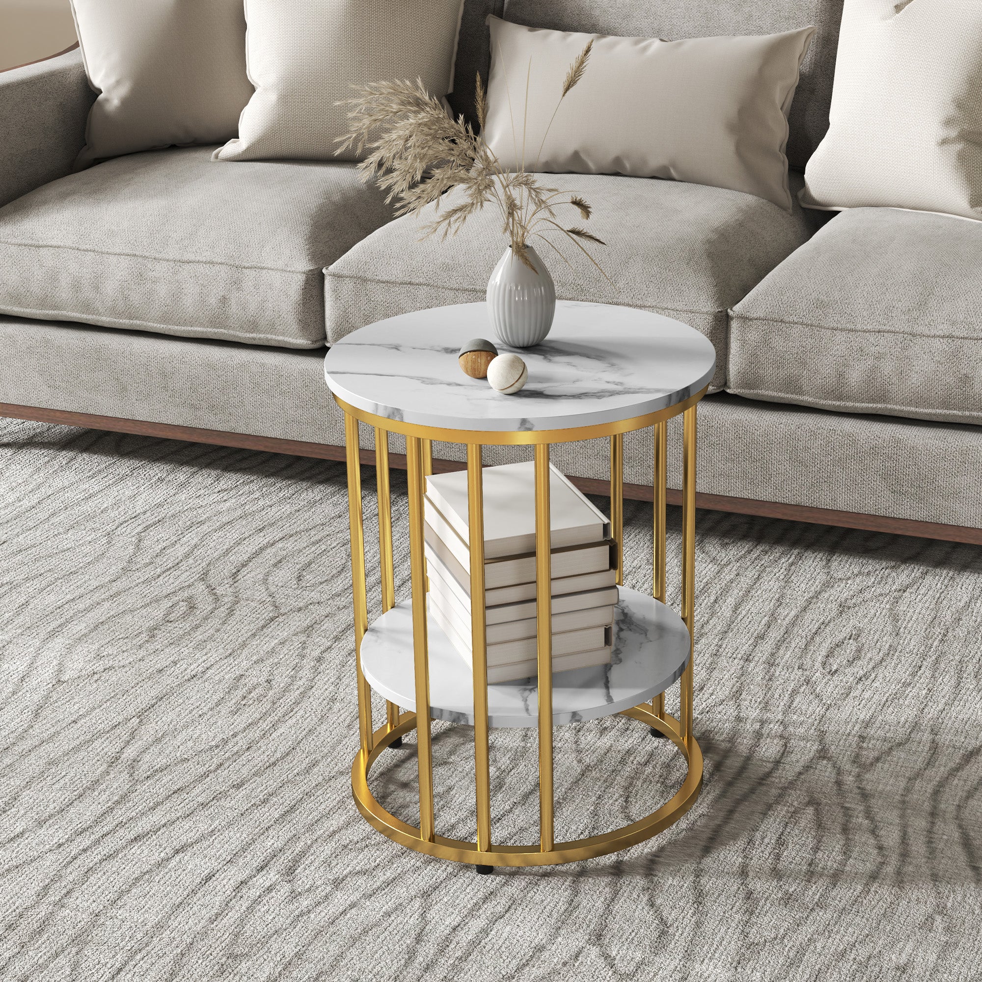 HOMCOM Set of Two Marble-Effect Coffee Tables - White/Gold-Tone