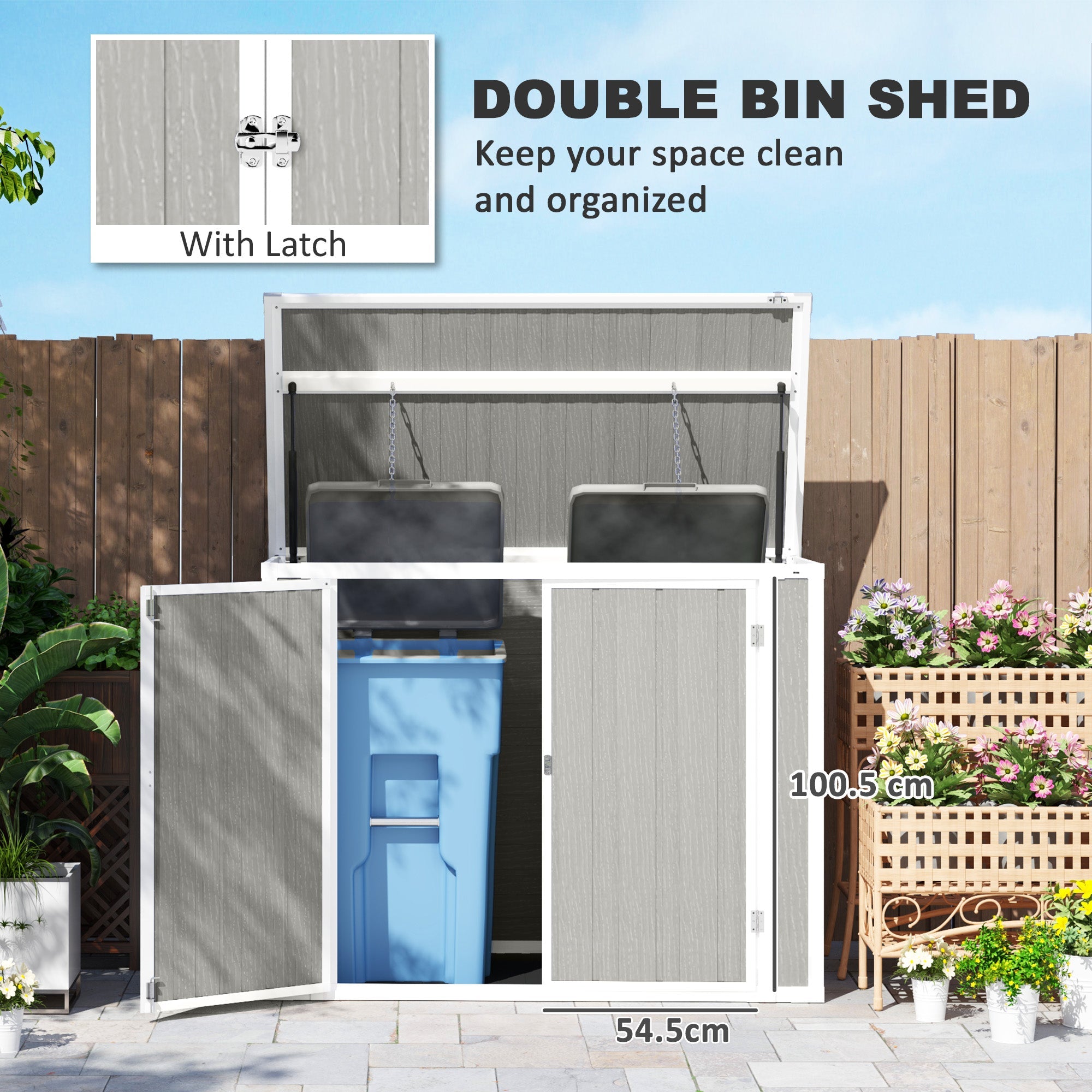 Outsunny 4.7 x 2.5FT Garden Shed, Lockable Outdoor Storage with Openable Lid, Small Shed for 2 Trash Cans, Tools, Patio, Light Grey