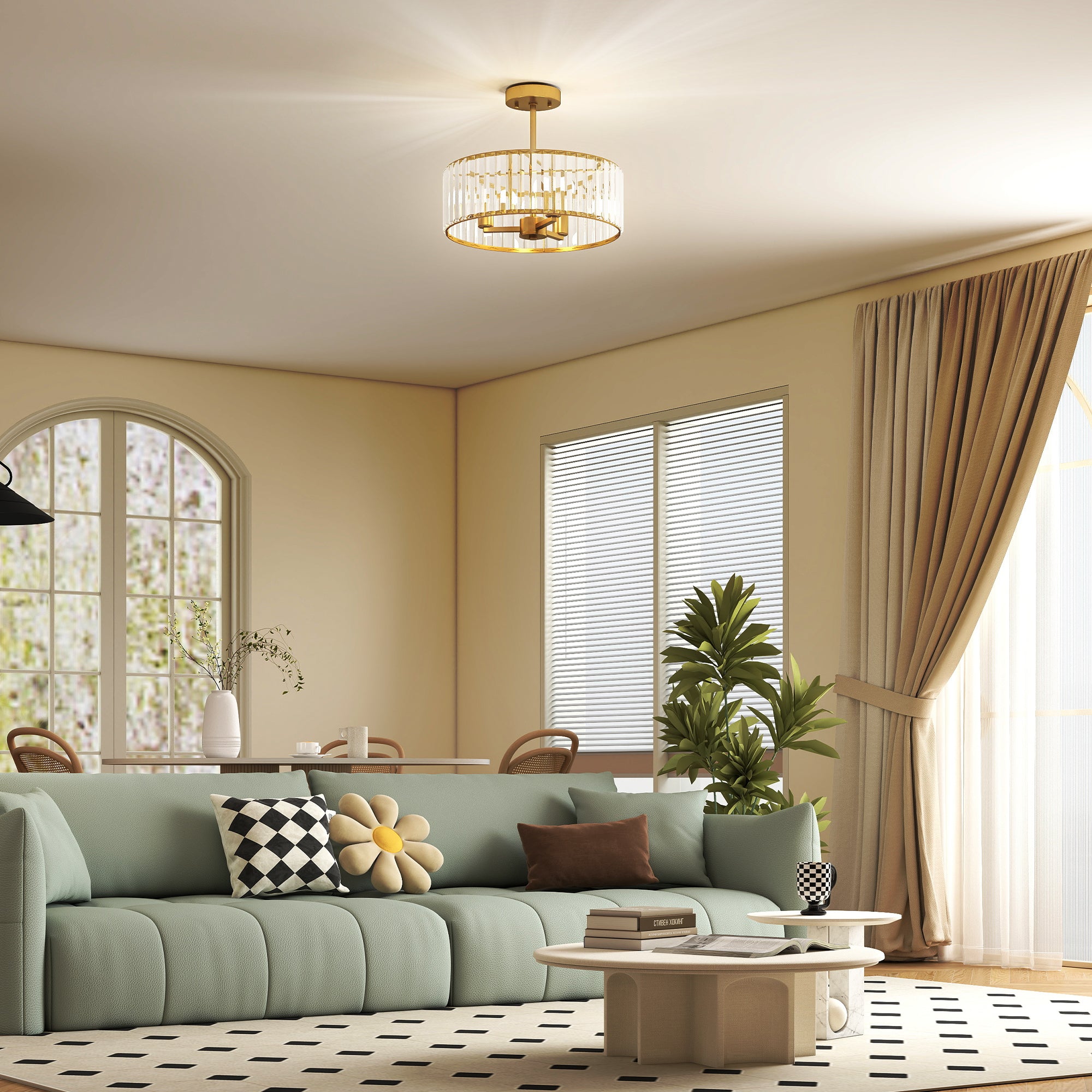 HOMCOM Crystal Ceiling Light Fixture, Semi Flush Mount Modern Crystal Chandelier Ceiling Light for Living Room, Bedroom, Hallway, Dining Room, E14 Base 3-Lights, Gold Tone