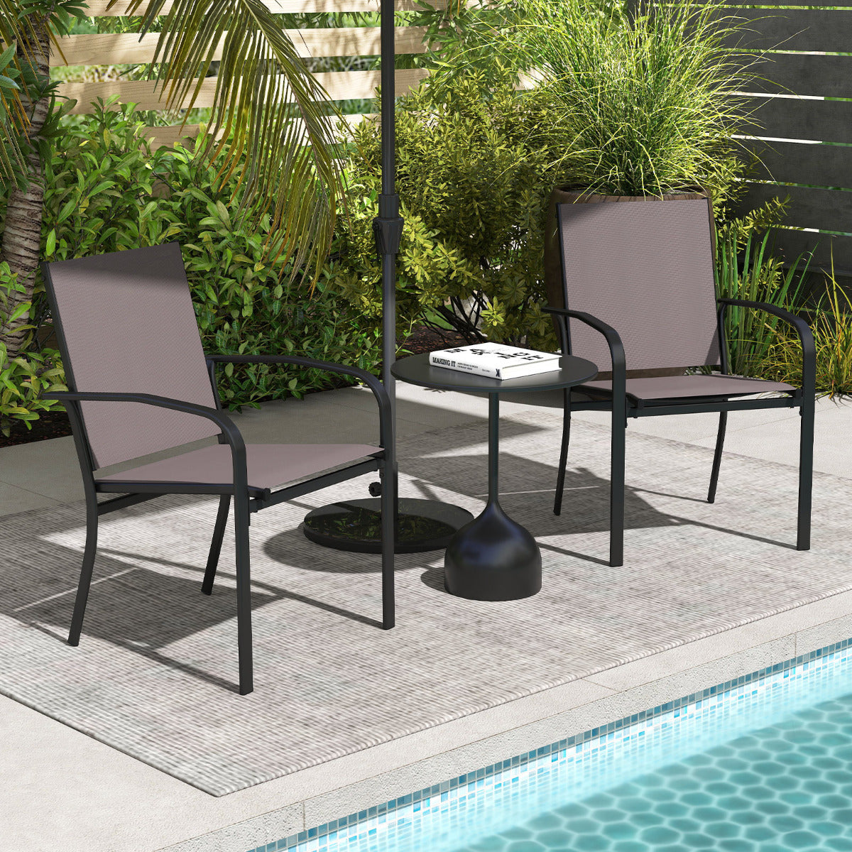 Patio Dining Chair Set of 2 with Breathable Backrest and Seat-Grey
