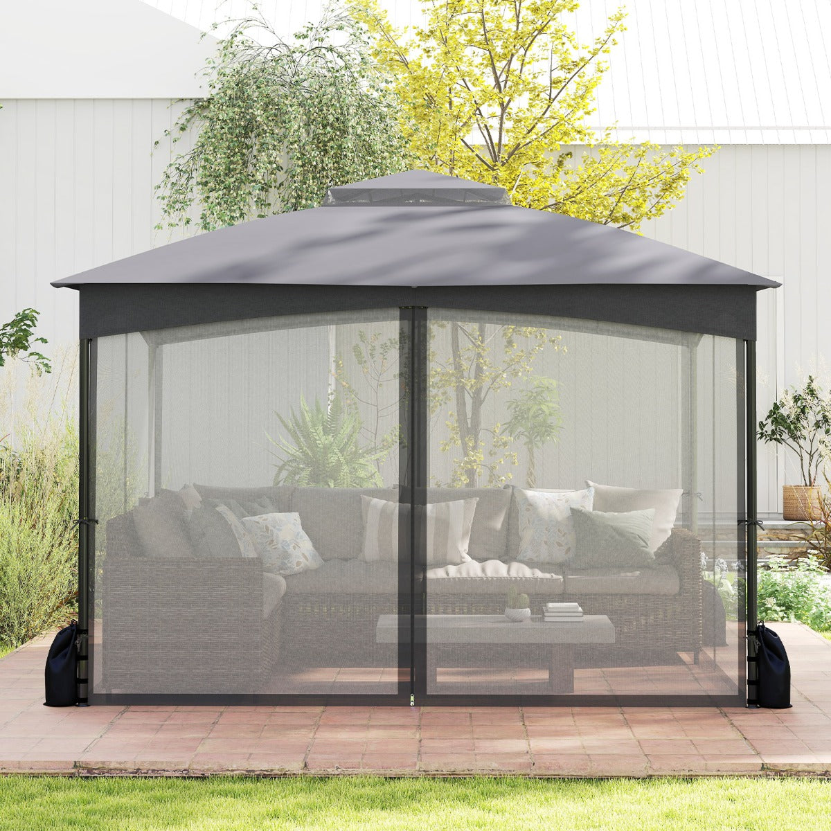 Patio Gazebo with Netting Walls Soft Top Double Roof Canopy with Sandbags-Grey