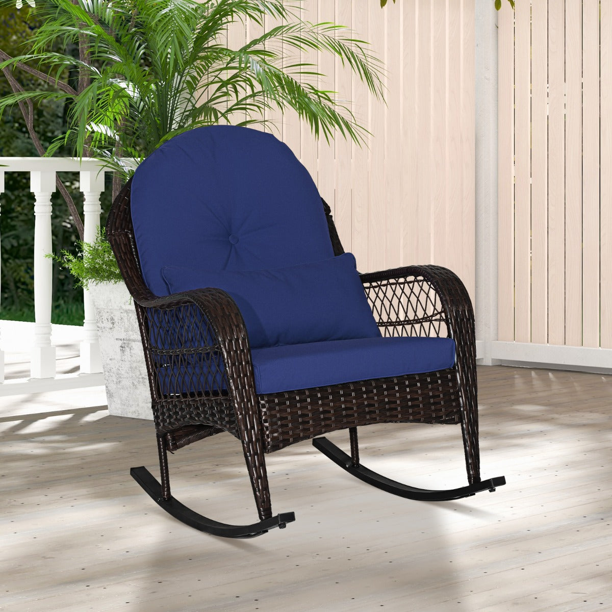 Patio Rattan Rocking Chair with Seat Back Cushions and Waist Pillow-Navy