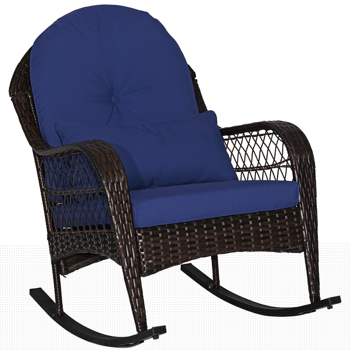 Patio Rattan Rocking Chair with Seat Back Cushions and Waist Pillow-Navy