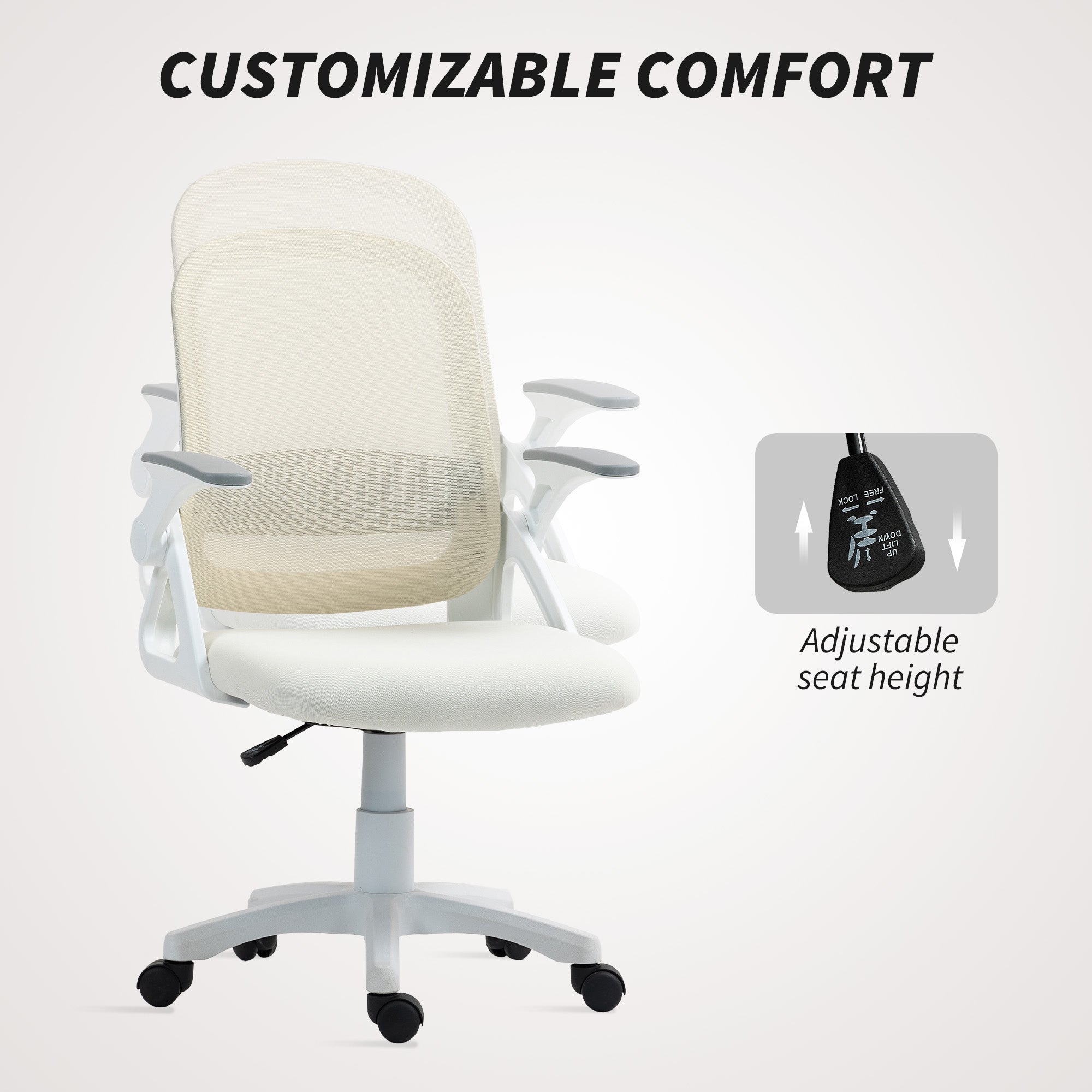 HOMCOM Breathable Mesh Office Chair, Ergonomic Swivel Computer Chair with Flip-up Armrests, Lumbar Back Support for Home/Office, White