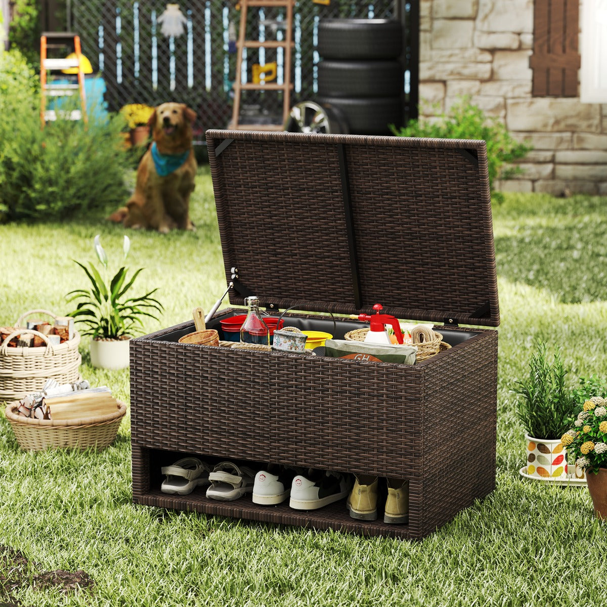 PE Rattan Storage Bin with Waterproof Liner and Shoe Rack
