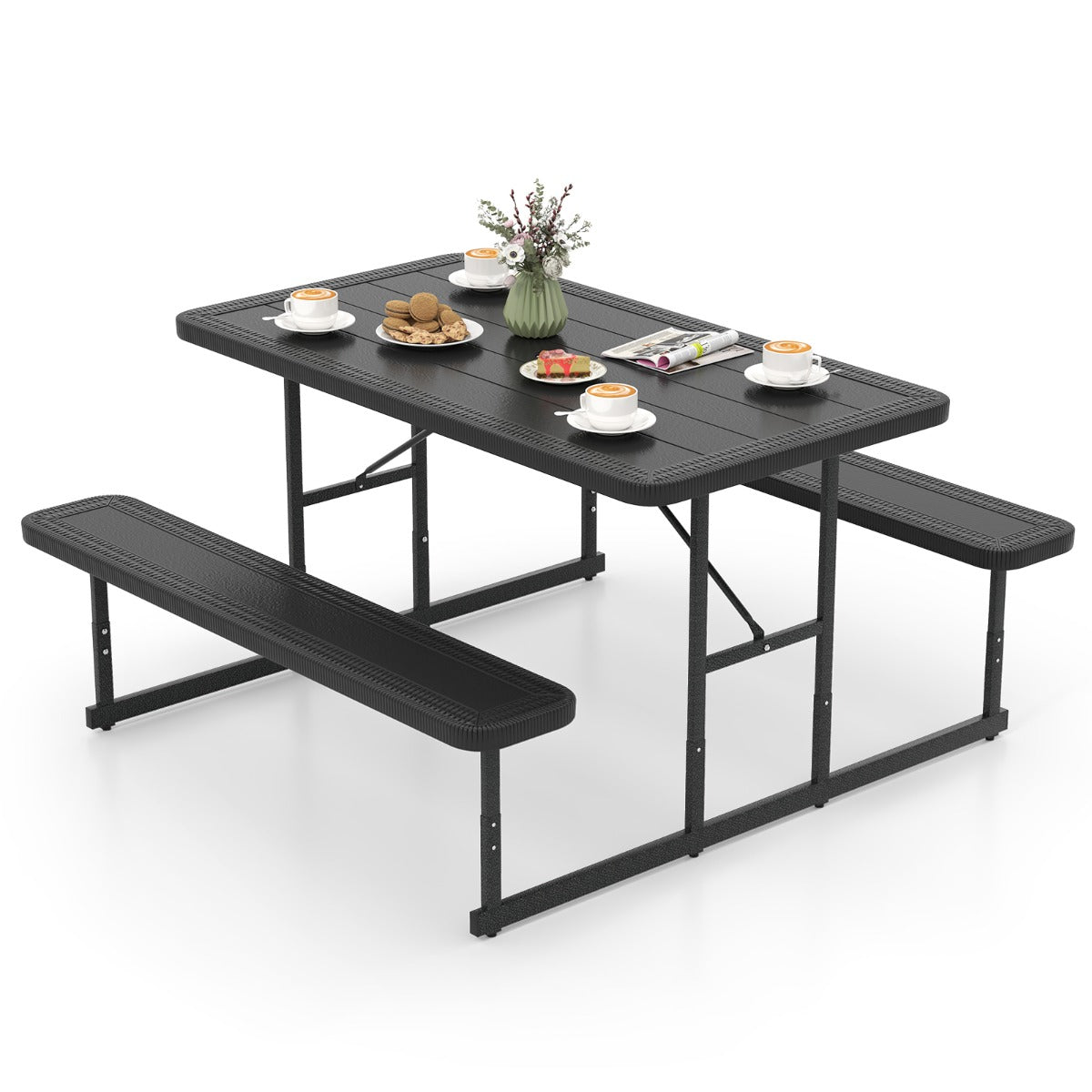 Outdoor Rectangular Camping Dining Table and 2 Benches with Umbrella Hole-Black