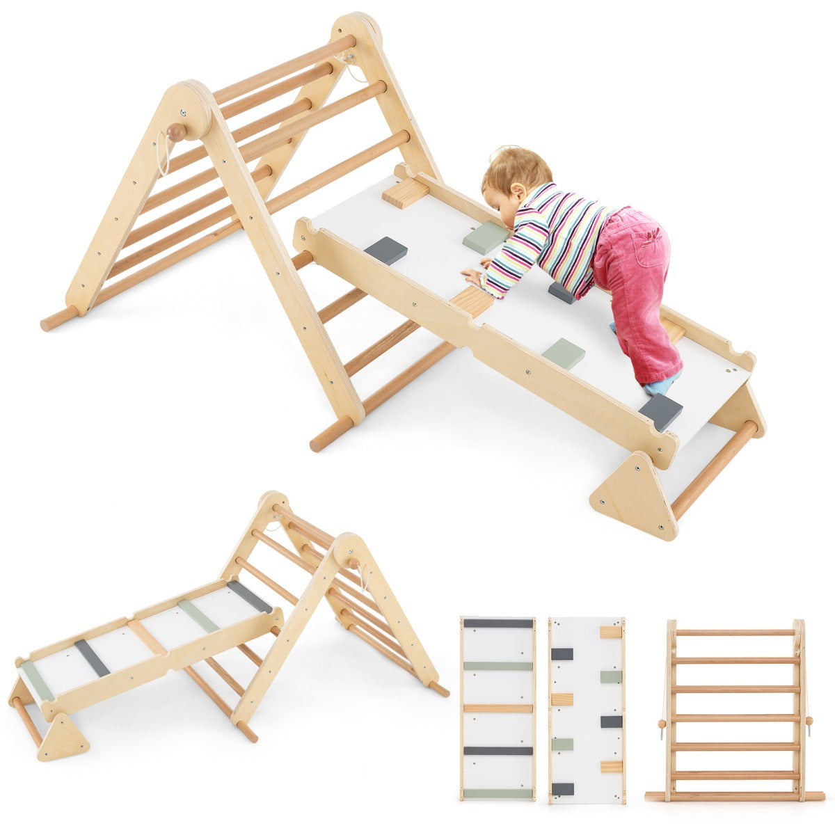 3-in-1 Pikler Triangle Climbing Set with Dual-Side Ramp and Adjustable Climbing Triangle-Natural