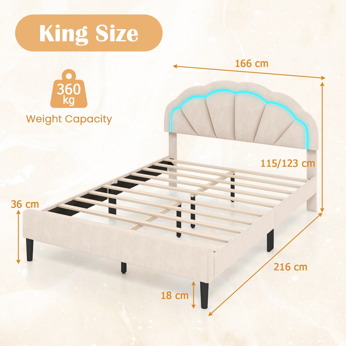 Platform Bed with Adjustable Petal Headboard and Wooden Slats Support-King Size