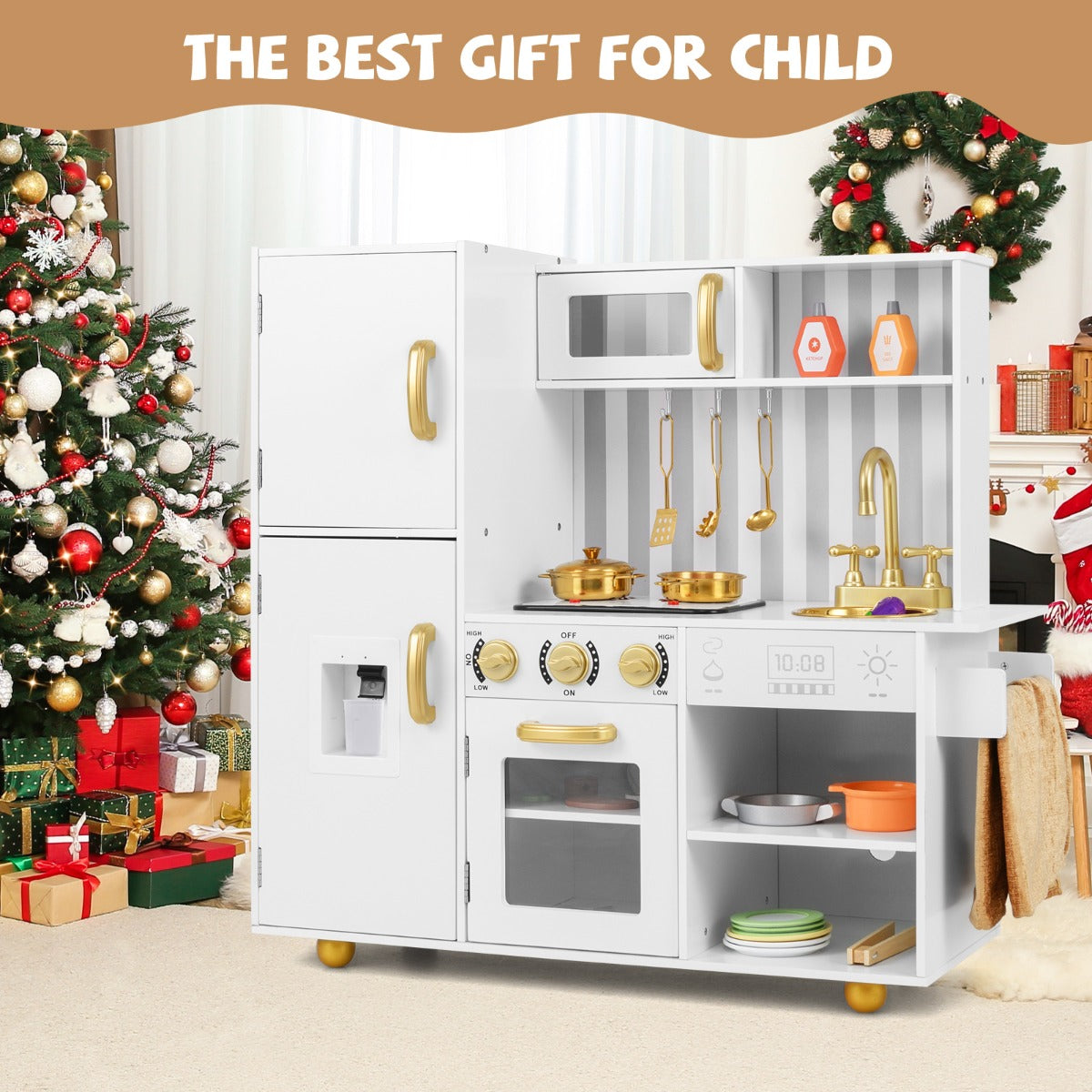 Play Kitchen Toy Set with Oven Real Sounds and Lights-Golden