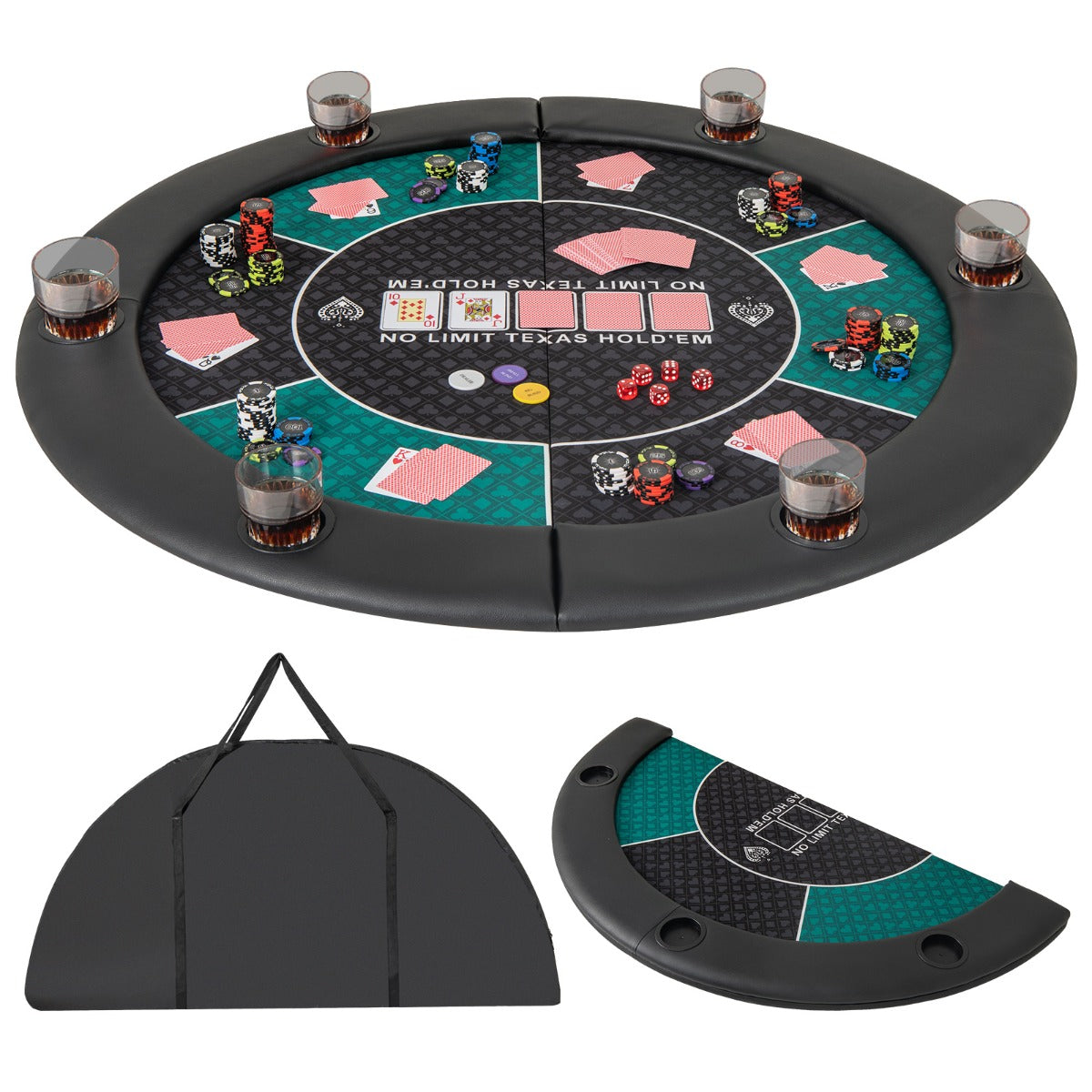 Portable Round Blackjack Board Game Mat with Carrying Bag-Green