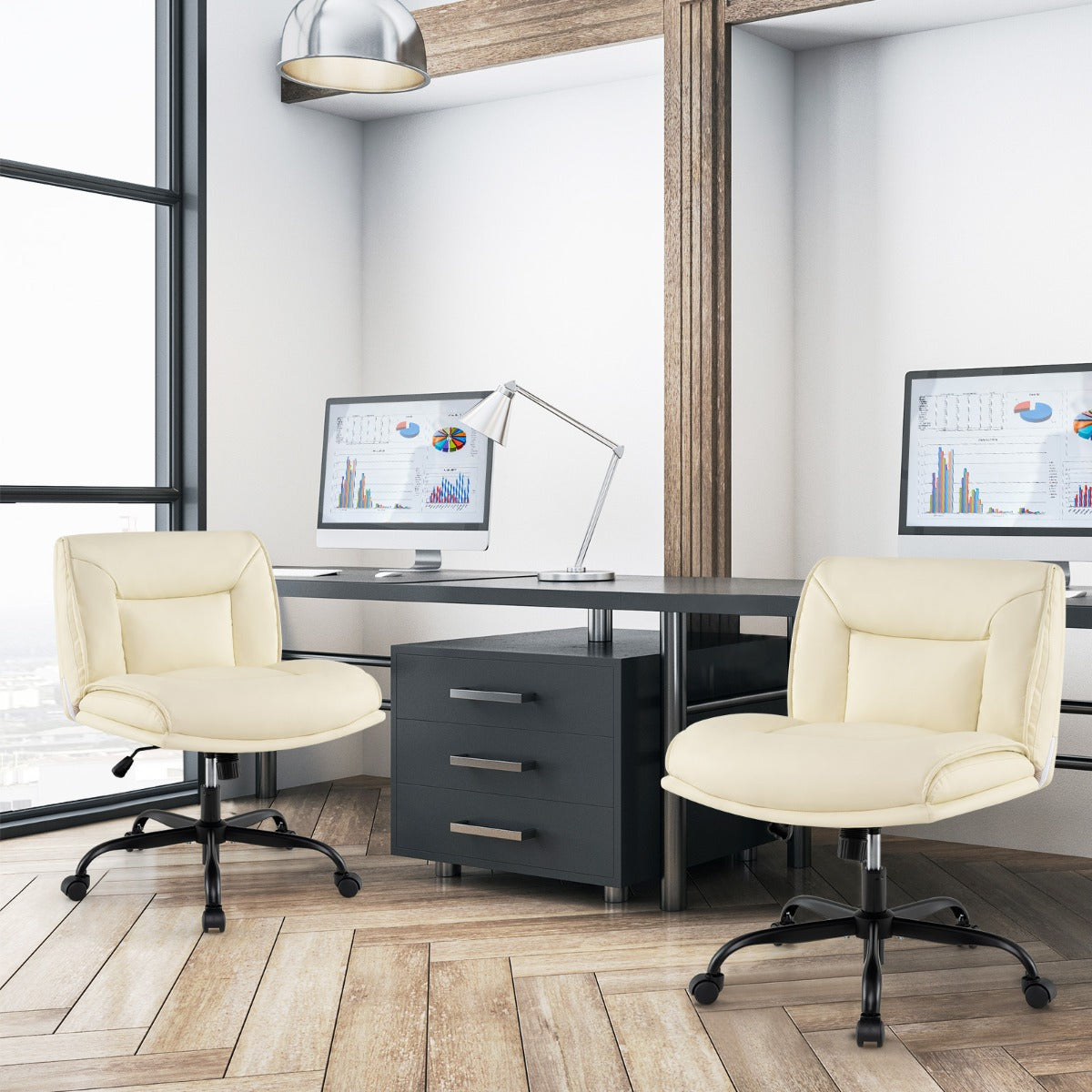 PU Leather Armless Desk Chair with Wide Backrest and Seat-Beige