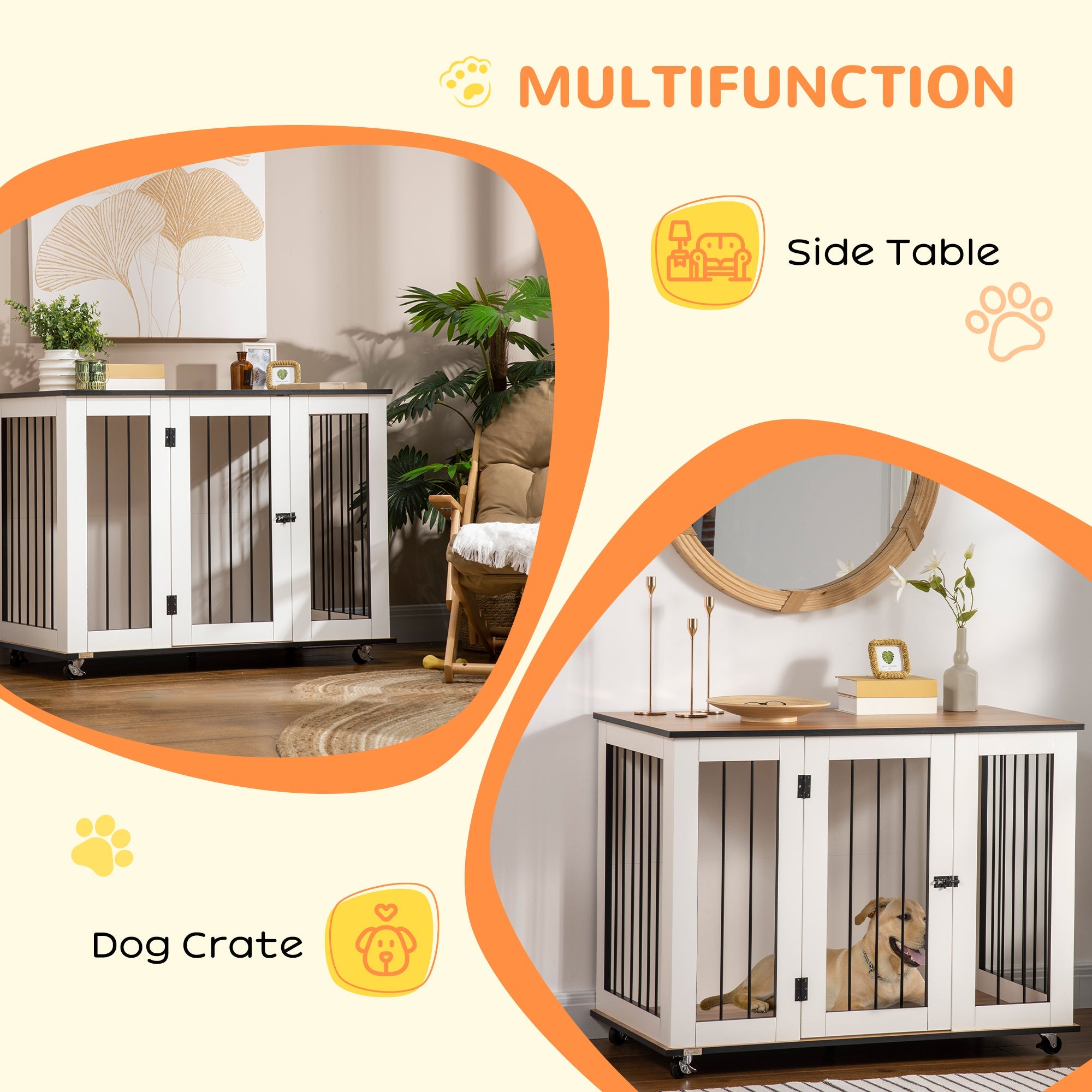 PawHut Dog Crate Furniture, Dog Cage End Table, with Wheels, for Large Dogs, 106 x 60 x 82 cm - White