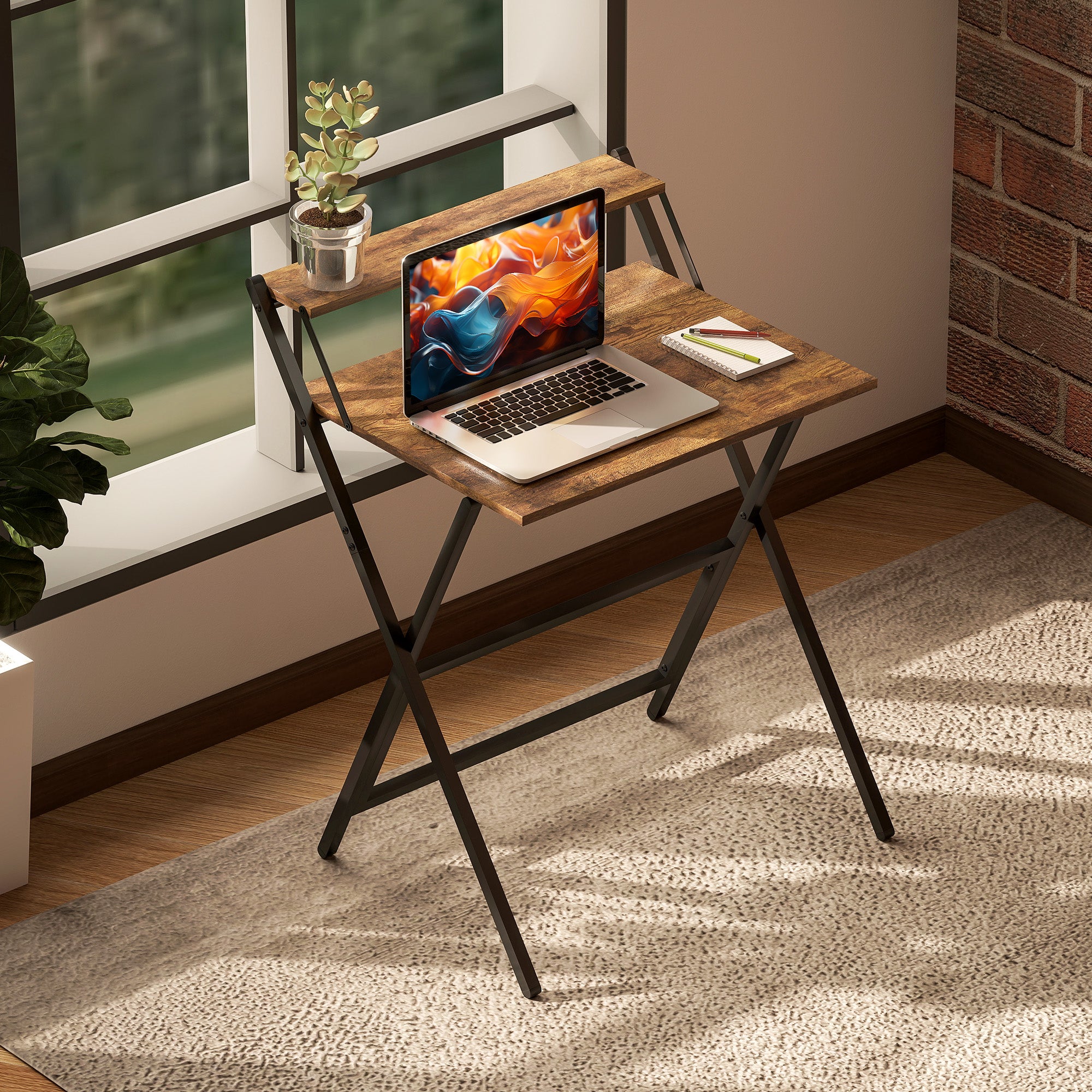 HOMCOM 70 cm Folding Computer Desk with Monitor Shelf - Rustic Brown