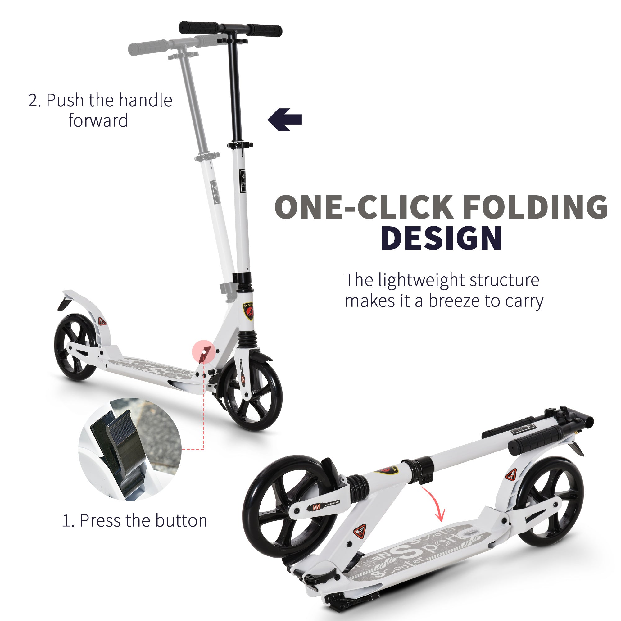 HOMCOM Folding Kick Scooter, Adjustable Ride On Scooter with 200mm Big Wheels and Double Shock Absorption, Urban Scooter for 14+ Teens Adult, White