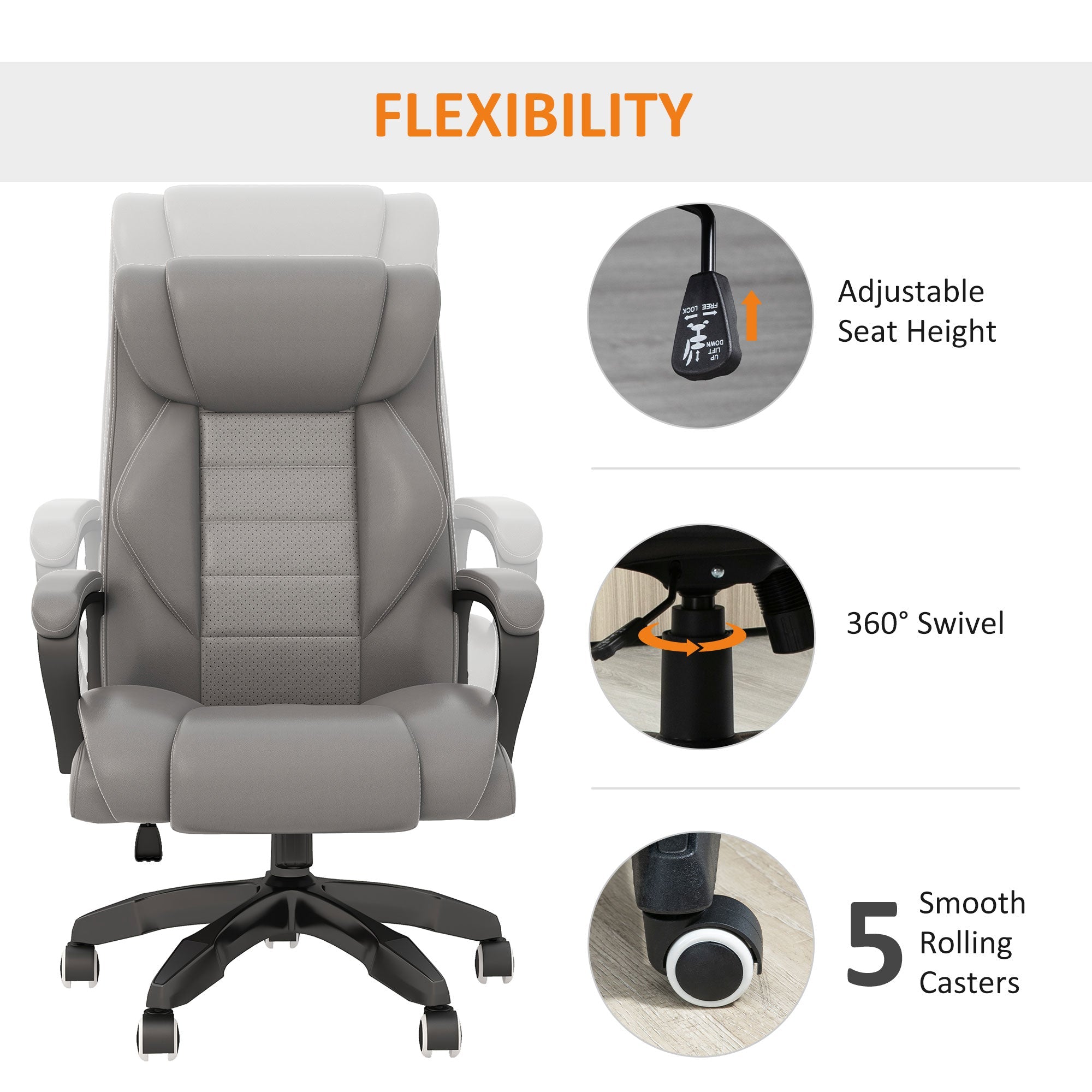 Vinsetto Office Chair with 6-Point Maaage and Back Heat, PU Desk Chair with Padded Seat and Armrest, Computer Chair with Tilt Function for Home, Grey