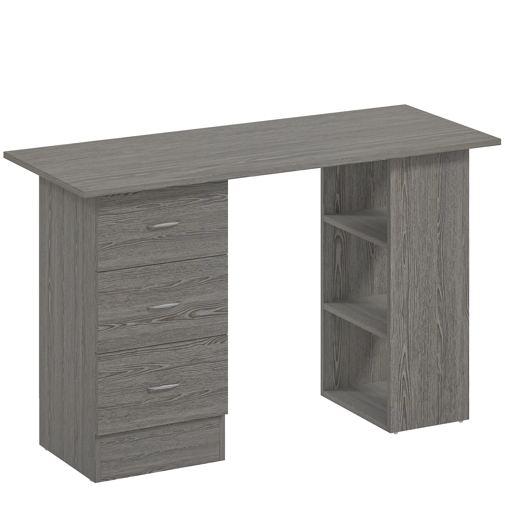 HOMCOM Computer Desk, Writing Table, PC Workstation with 3 Storage Shelves and Drawers, Silver Handle, for Home Office, Grey