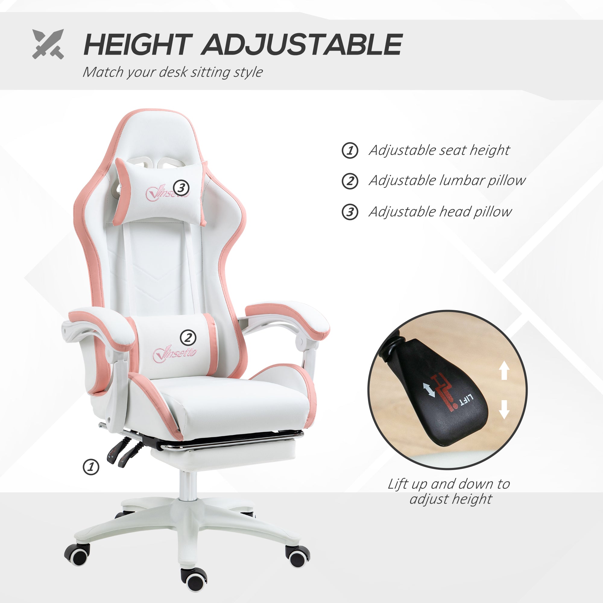 Vinsetto Computer Gaming Chair, PU Leather Office Desk Chair with Footrest, Swivel Wheels, 135√Ç¬∞ Reclining Back, Lumbar Support, Headrest for Home, White and Pink