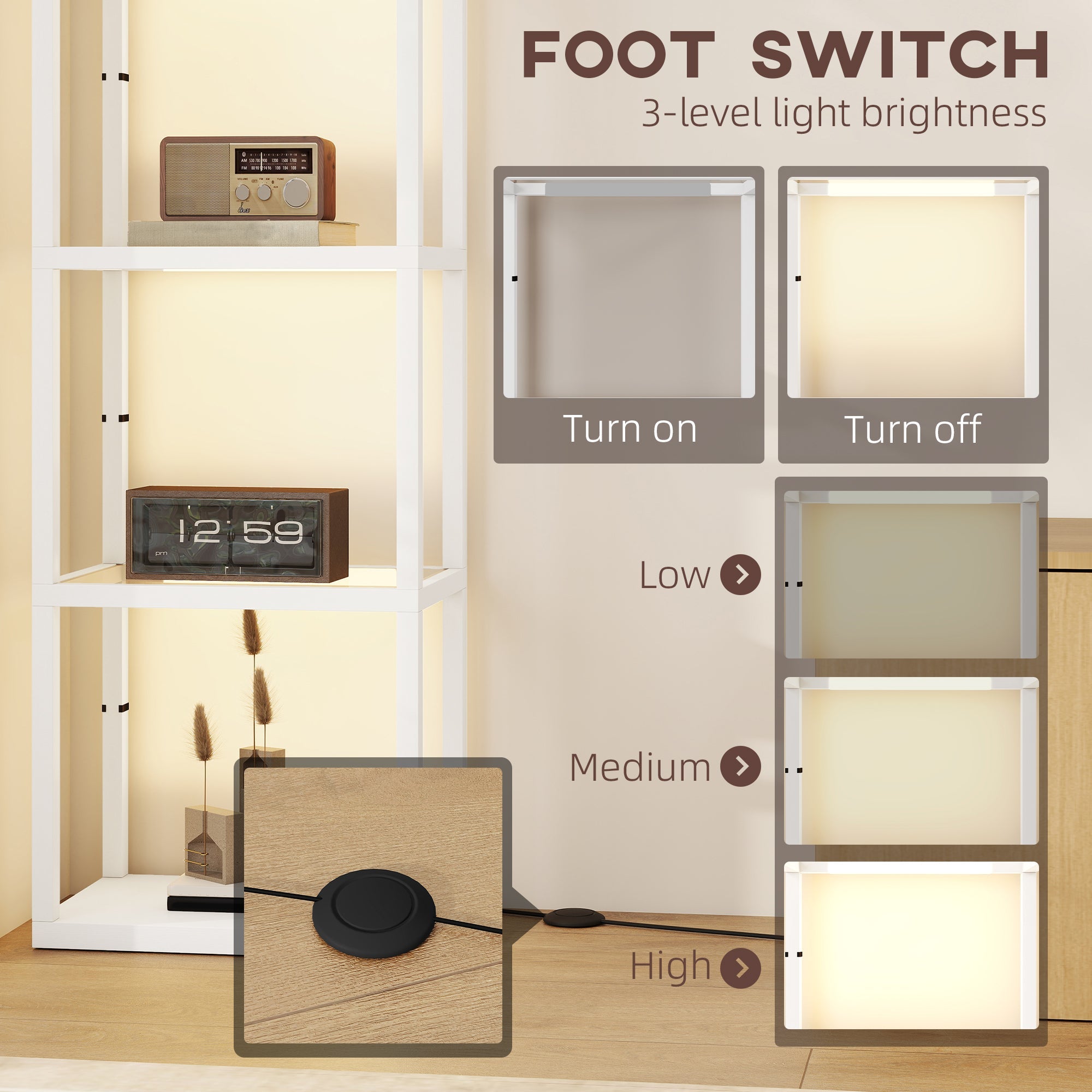 HOMCOM LED Floor Lamp with Glass Shelves, 4 Layers Dimmable Tall Standing Lamp, Modern Column Shelf Floor Light for Living Room, Bedroom, Office, White