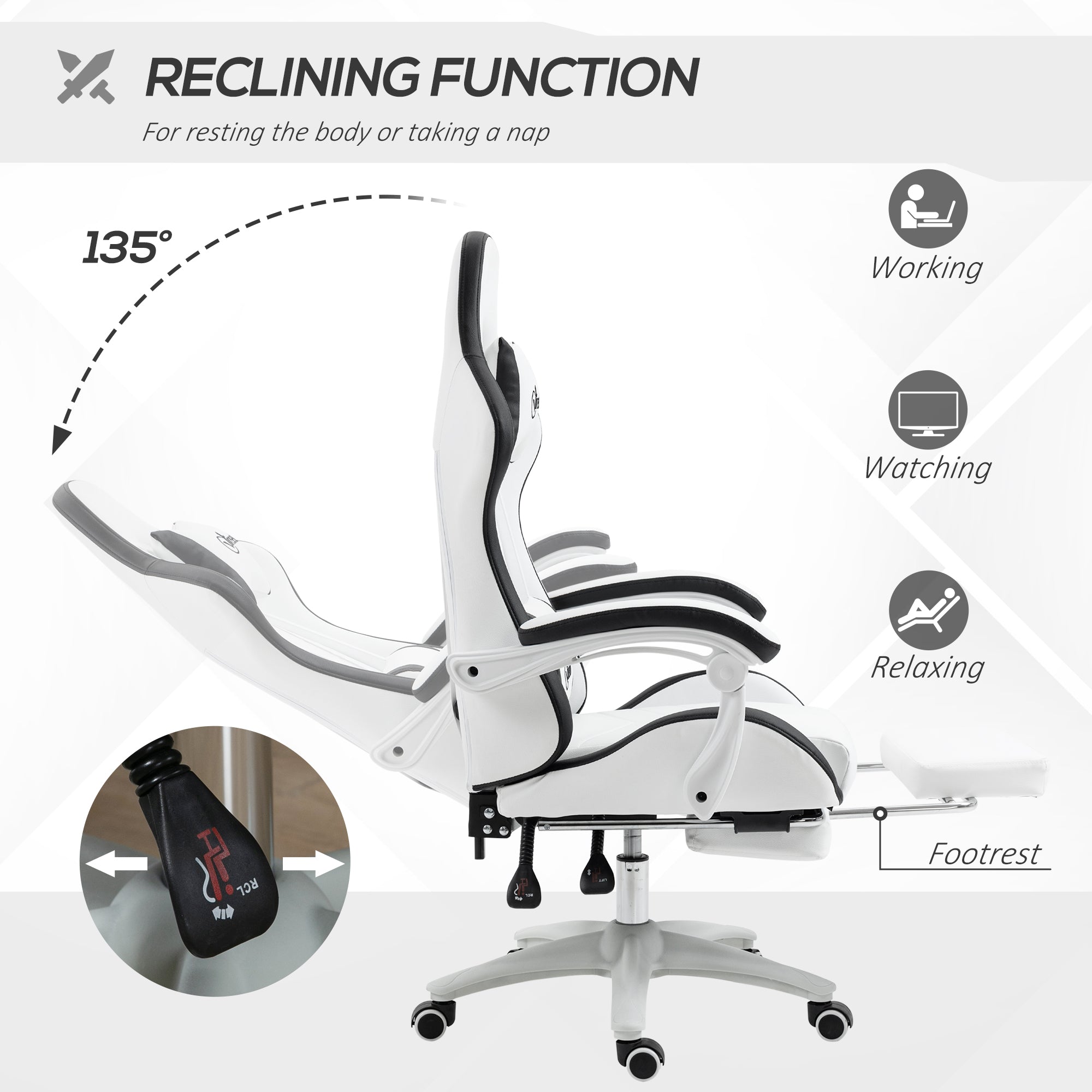 Vinsetto Computer Gaming Chair, PU Leather Office Desk Chair with Footrest, Swivel Wheels, 135√Ç¬∞ Reclining Back, Lumbar Support, Headrest for Home, White and Black