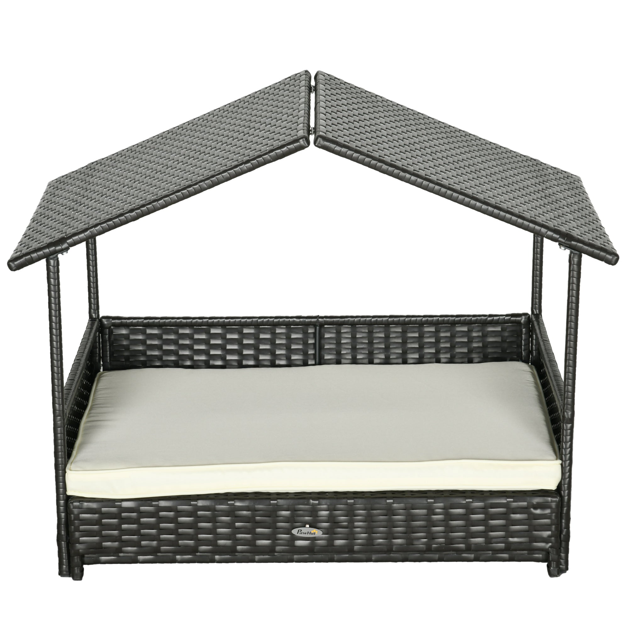 PawHut Extendable Elevated Dog Bed, Rattan Dog House, with Water-Resistant Roof, Removable Cushion, Cream