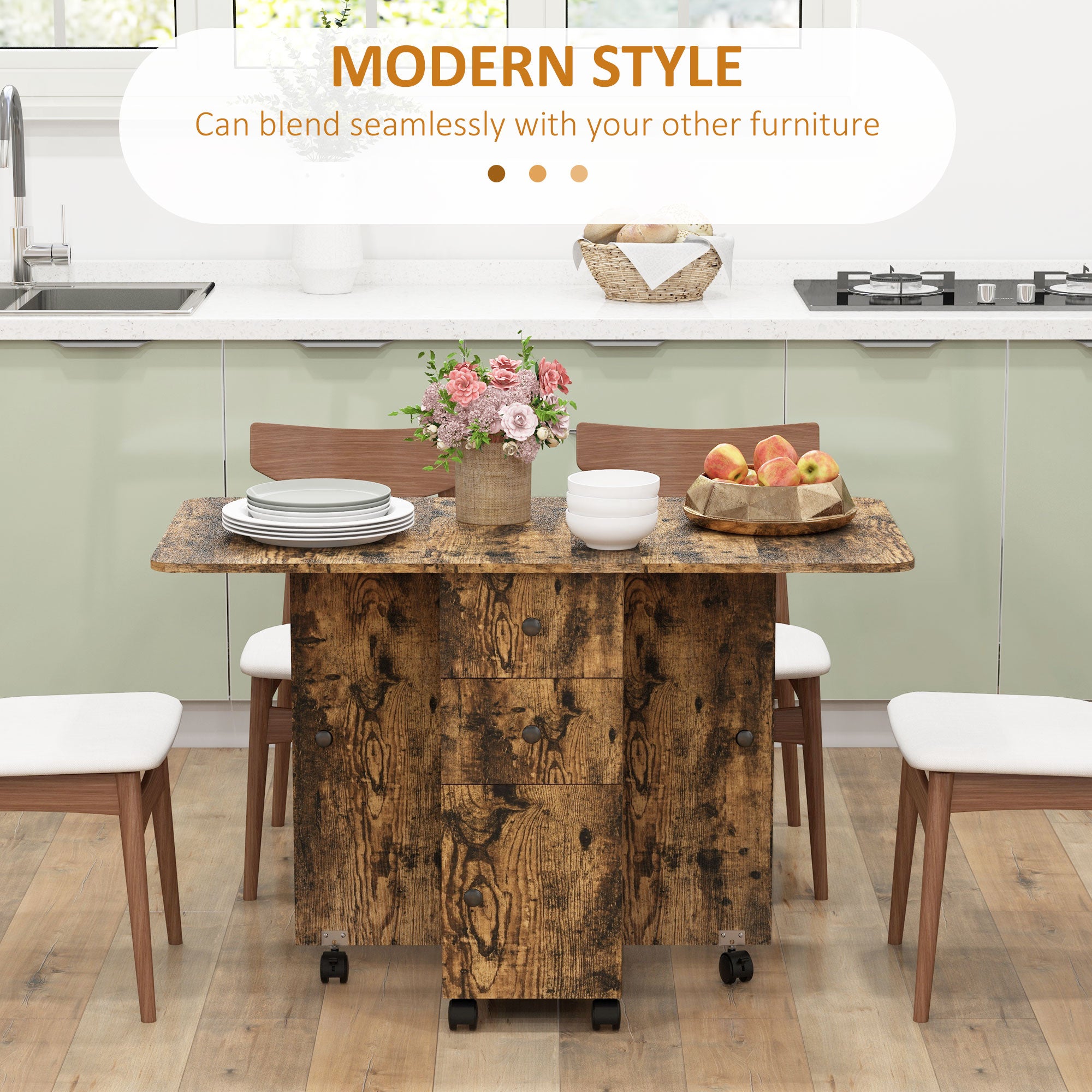 HOMCOM Multi-Storage Six-Person Drop Leaf Dining Table - Rustic Brown