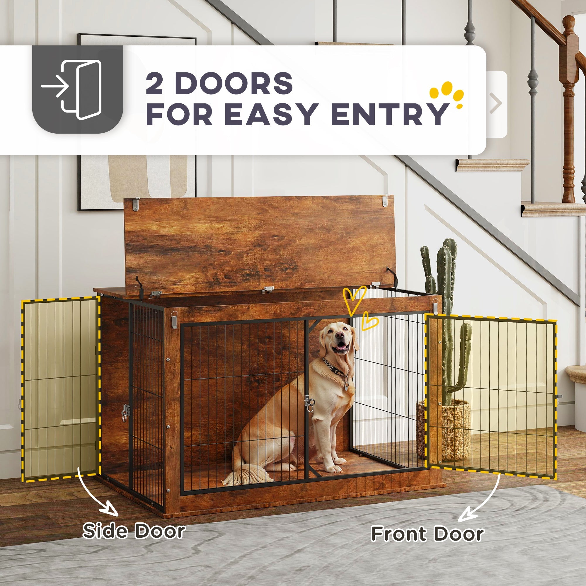PawHut Dog Crate Furniture with Openable Top, Two Doors, for Extra Large Dogs, Rustic Brown