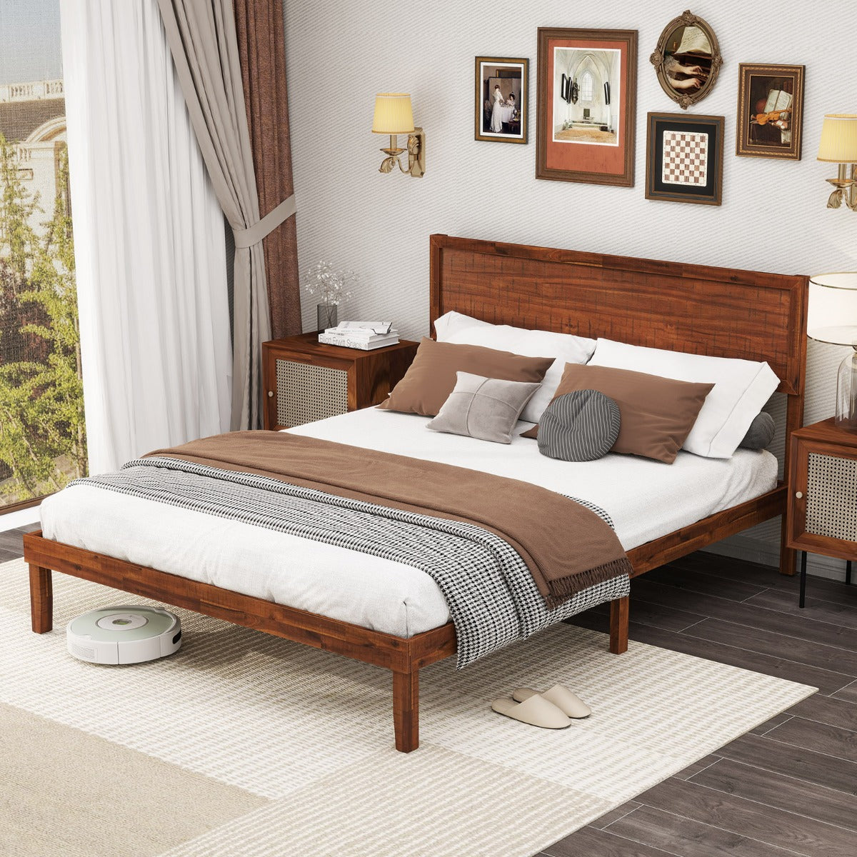 Single/King Size Bed Frame with Headboard and Slats Support-Queen size