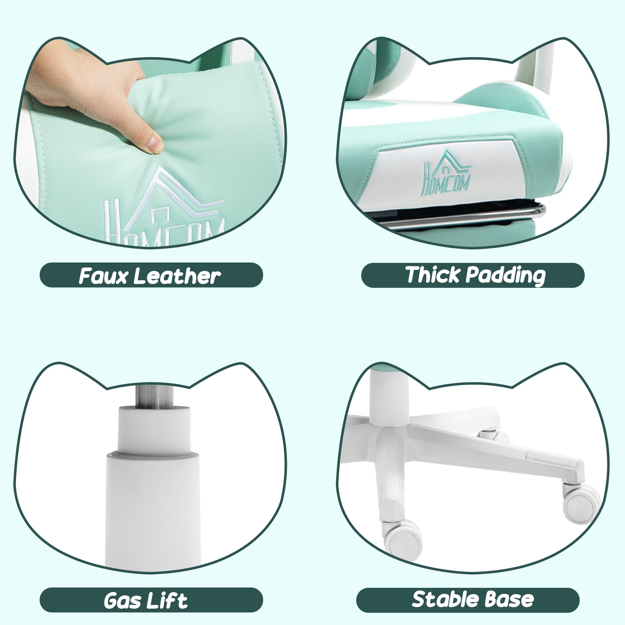 HOMCOM Cat Ear and Paw Reclining Office Chair, with Footrest - Light Blue/White