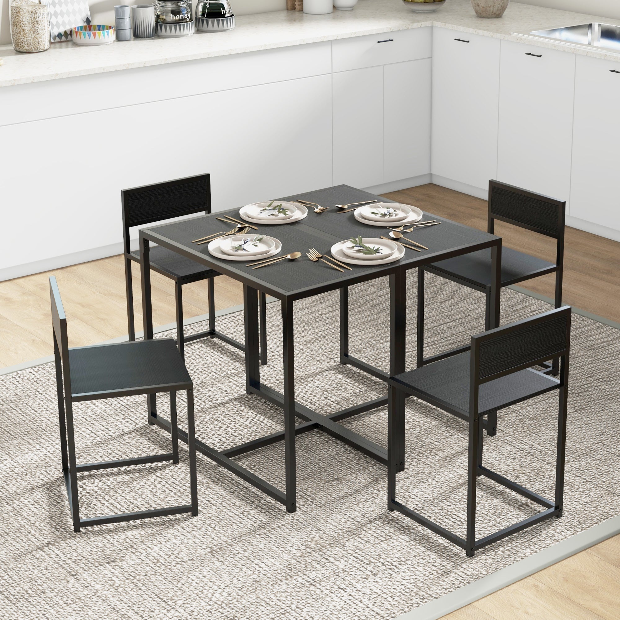 HOMCOM Dining Table and Chairs Set 2, Dining Room Sets, Rectangular Space Saving Table and 2 Chairs for Compact Kitchens, Steel Frame, Black