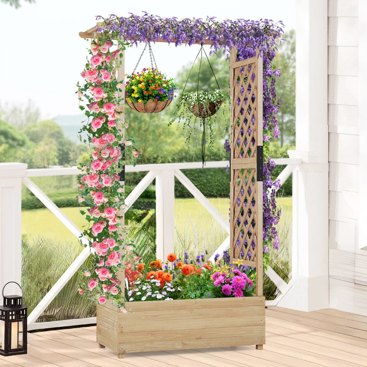 Raised Garden Bed Fir Wood Planter Box with 2-Sided Trellis and Hanging Roof-Natural