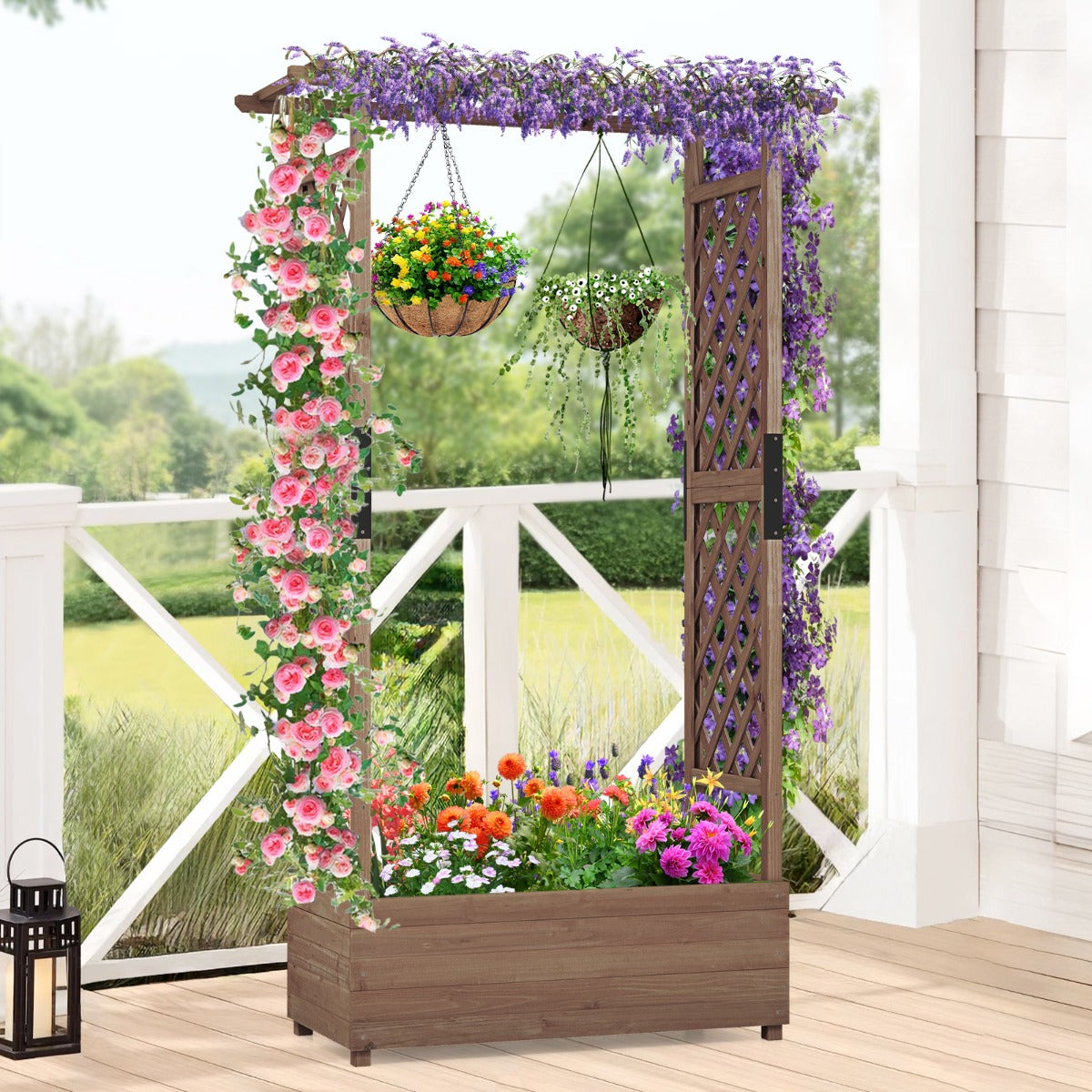 Raised Garden Bed Fir Wood Planter Box with 2-Sided Trellis and Hanging Roof-Brown