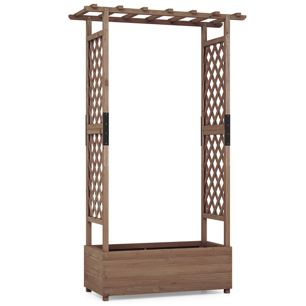 Raised Garden Bed Fir Wood Planter Box with 2-Sided Trellis and Hanging Roof-Brown