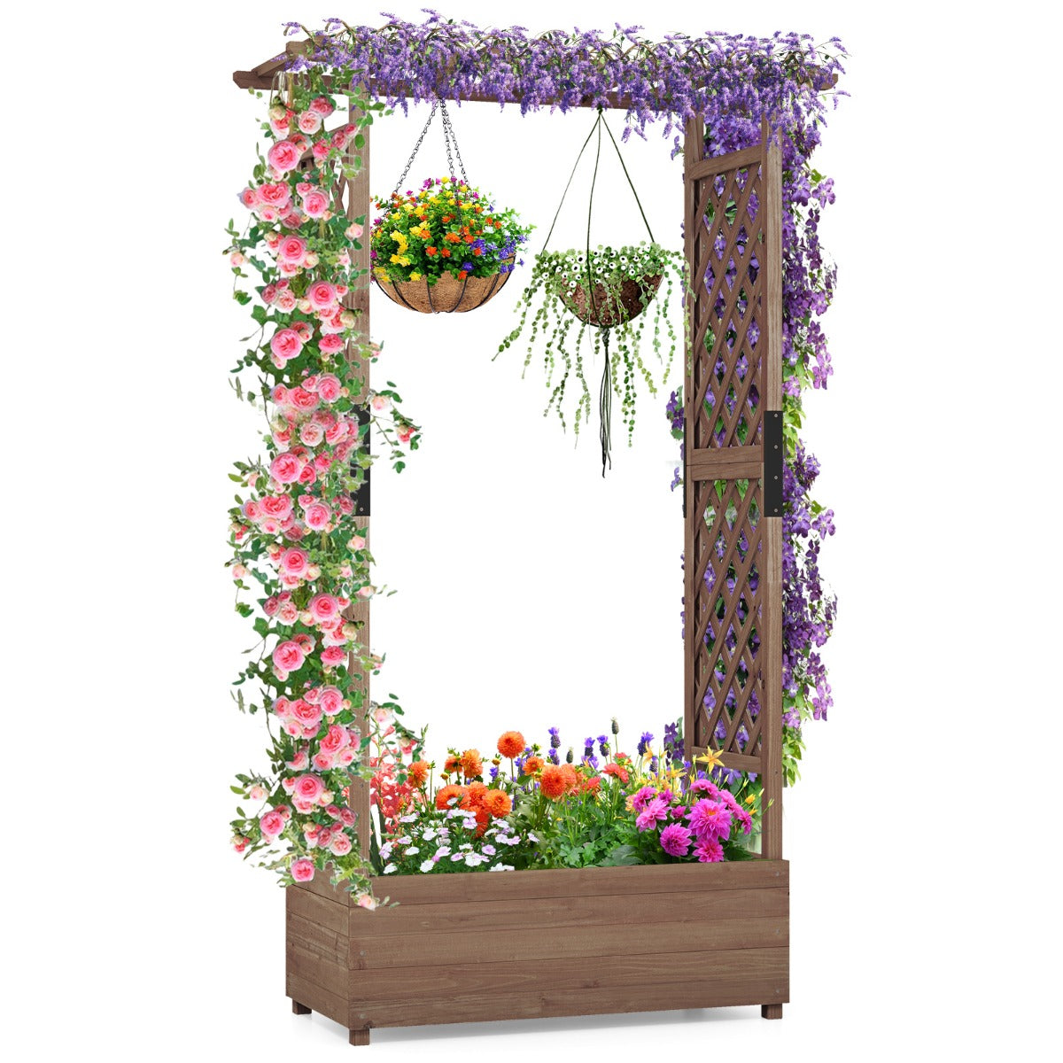Raised Garden Bed Fir Wood Planter Box with 2-Sided Trellis and Hanging Roof-Brown