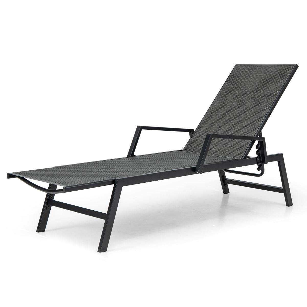 Outdoor Rattan Chaise Lounge with Armrests and 5-Position Backrest for Porch, Backyard-Brown