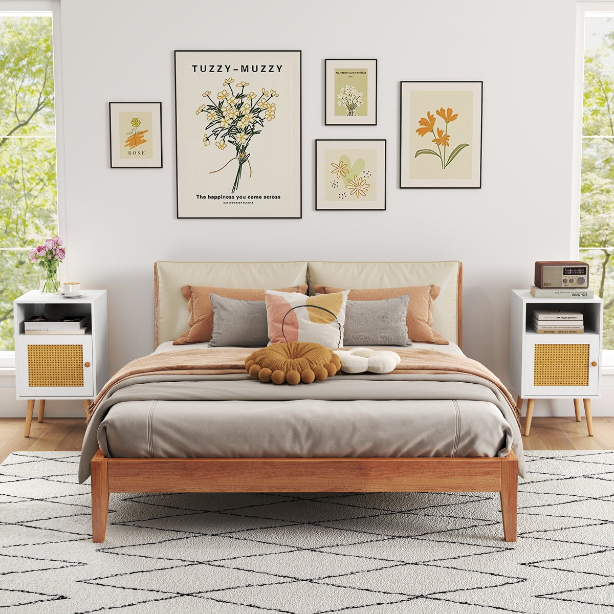 Rattan Nightstand with Storage and PE Rattan Decorated Door-White-1 Pack