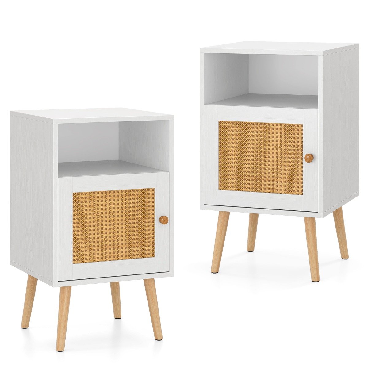 Rattan Nightstand with Storage and PE Rattan Decorated Door-White-2 Pack