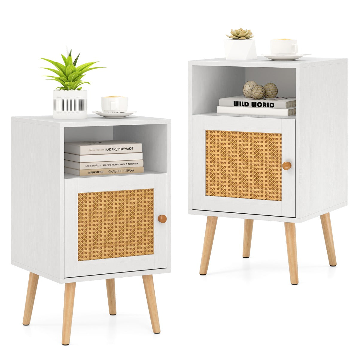 Rattan Nightstand with Storage and PE Rattan Decorated Door-White-2 Pack