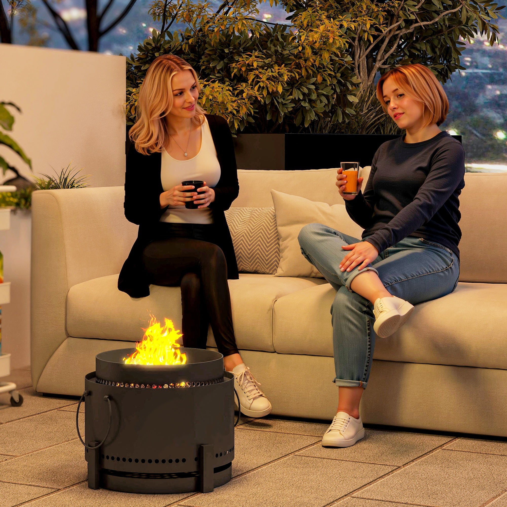 Outsunny Smokeless Fire Pit with Ash Catcher, 37cm Portable Wood Burning Firepit with Poker for Garden Camping Bonfire Party, Metal, Dark Grey