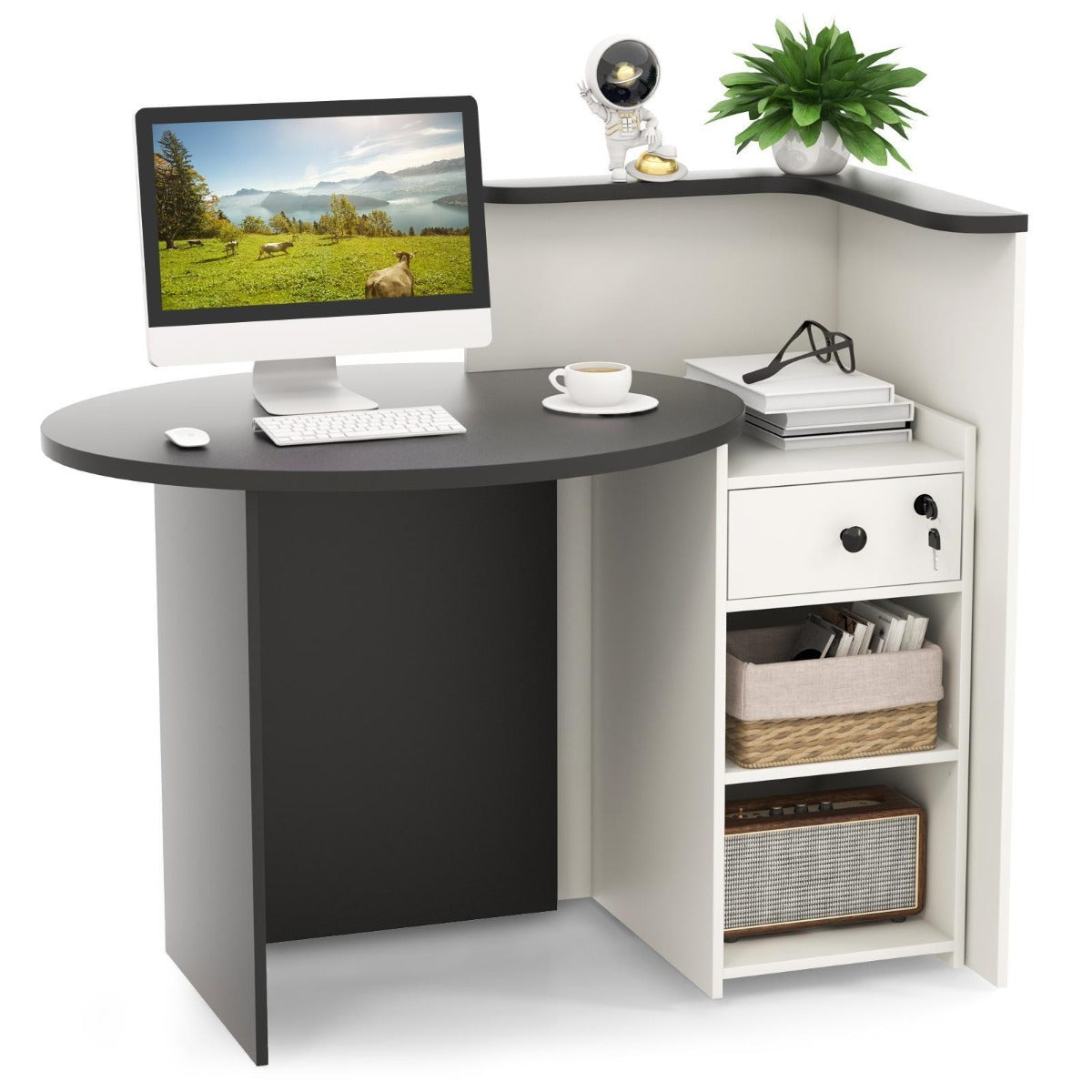 Reception Desk with Lockable Drawer and Adjustable Shelf for Office-Black