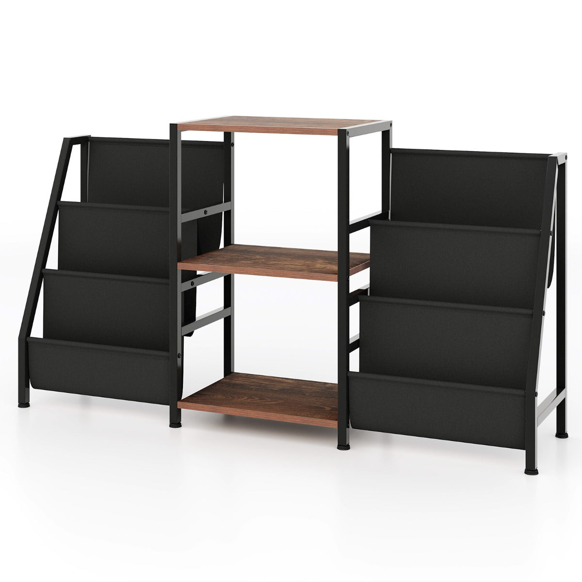 Record Player Stand with Open Shelves and 6 Storage Pockets-Brown