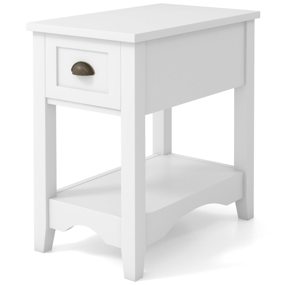 Rectangular Nightstand with 1 Drawer 1 Storing Shelf and 4 Solid Rubber wood Legs-White