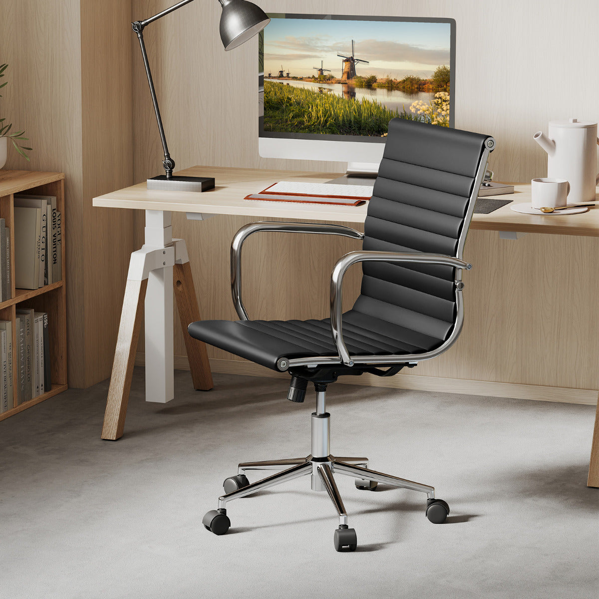 Ribbed Executive Office Chair Adjustable Swivel PU Leather Conference Chair-Black