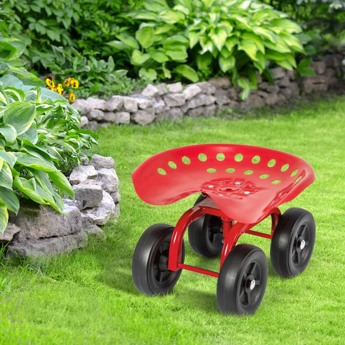 Rolling Garden Workseat with 360¬∞Swivel Seat and Adjustable Height-Red